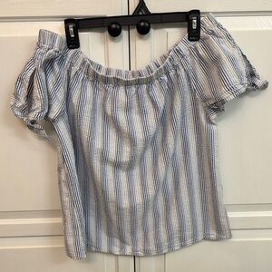 Tacera Blue and White Off the Shoulder Blouse. Coastal vibes size L.